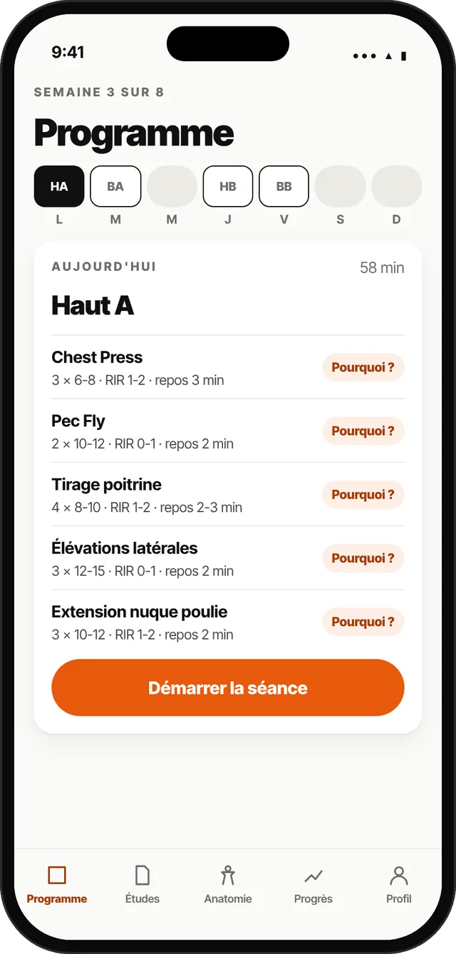 Écran de l'app SBL : le programme de la semaine et la séance du jour